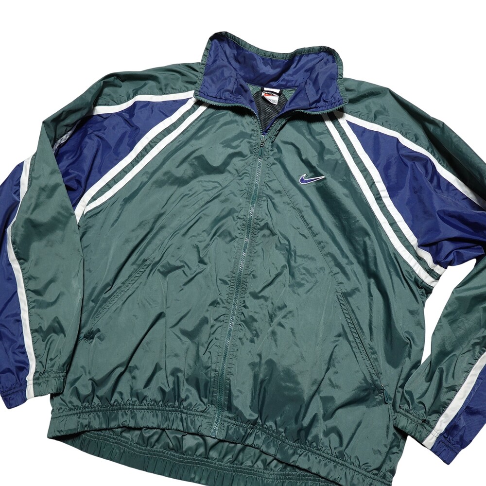 Nike Track Jacket Mens 2XL Green Blue Colorblock Full Zip Swoosh Nylon